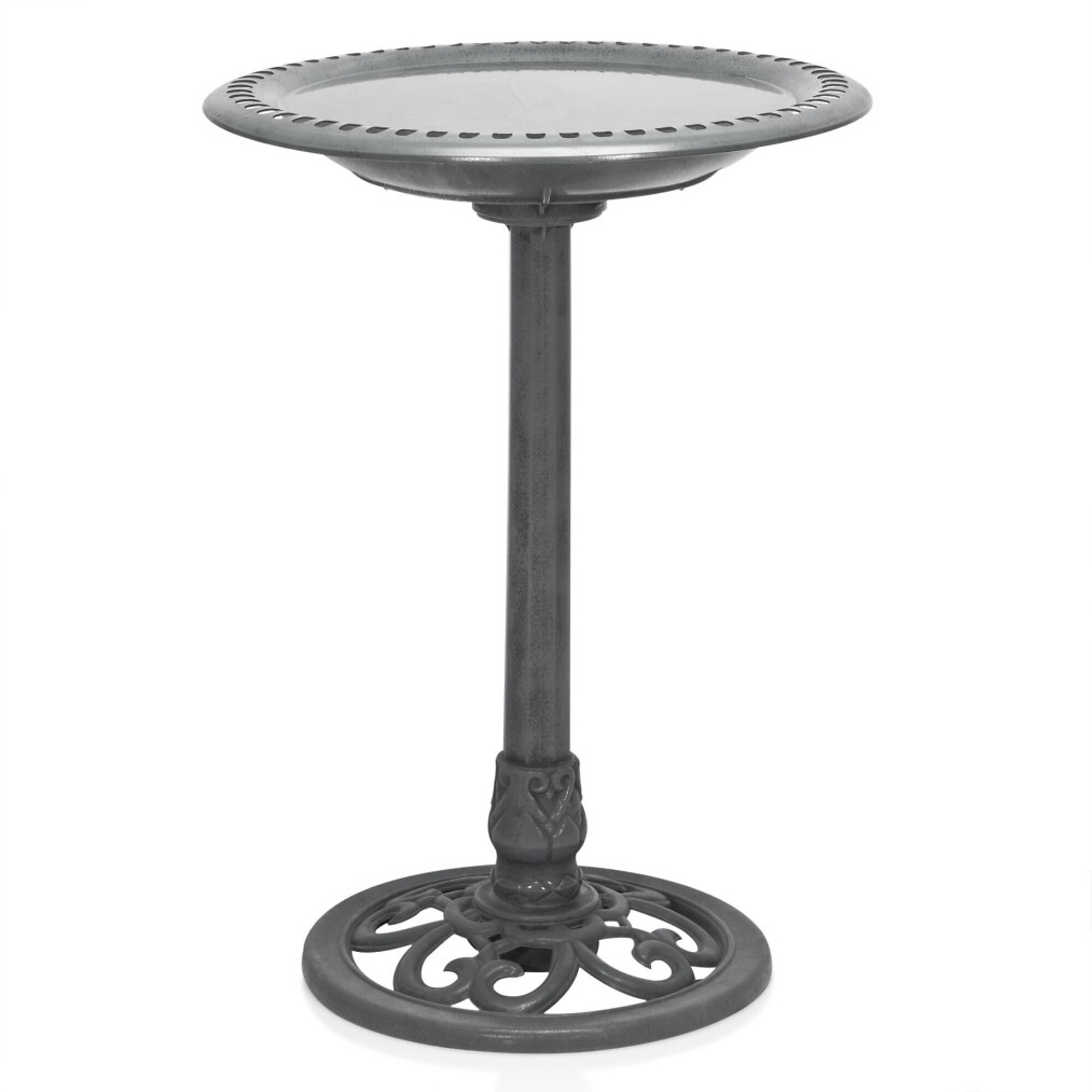 Alpine Corporation, Gray Pdsl Birdbath w/ Scrollwork BaseGrnd Stakes, Model# TEC116GR